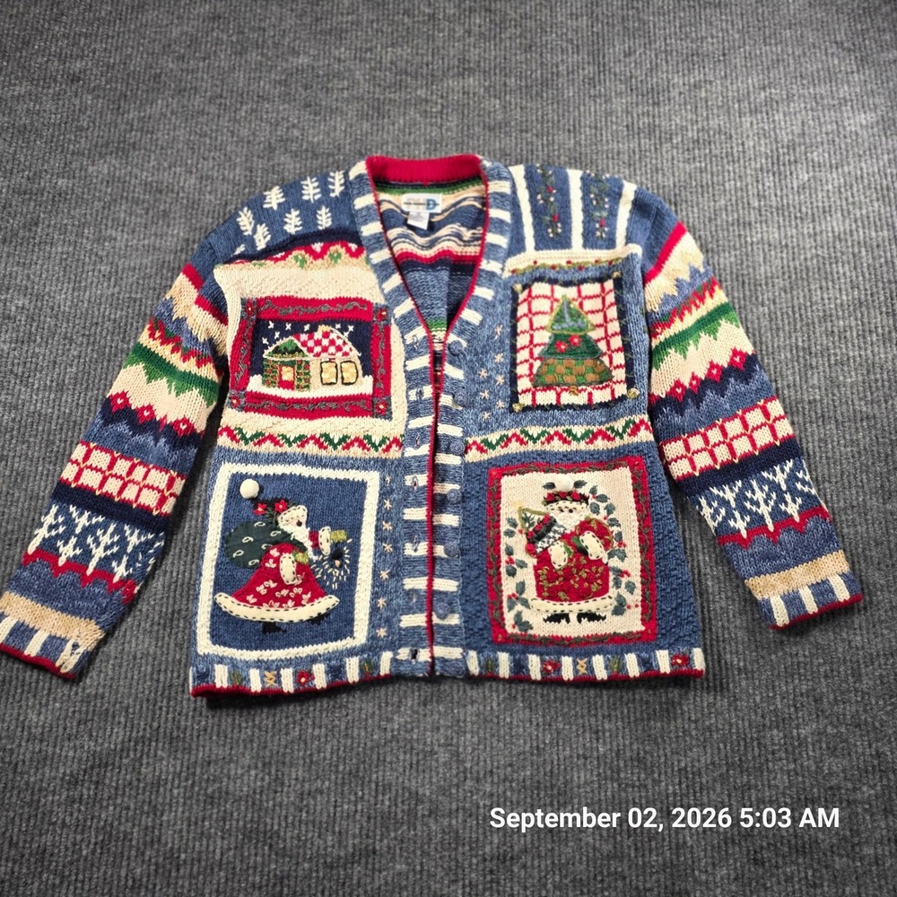 Paul Harris Design Christmas Cardigan Sweater Santa Patchwork Vintage Womens S